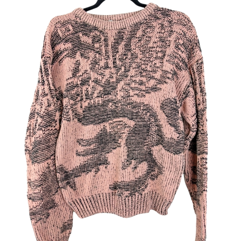 Chunky Pink Dragon Graphic Print 3D Oversized Knit Sweater sz Medium